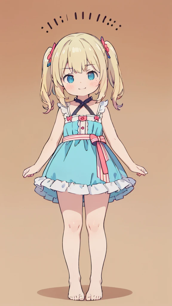 ((masterpiece))((Highest quality))girl、Smirk、blush、Flat Chest、Are thin、Blonde Hair、blush、Are standing、Whole body image、Eye level to the feet、front、No background、真frontのアングル、Blue clothes、Hair is two colors、Twin tails、Red Alice outfit
