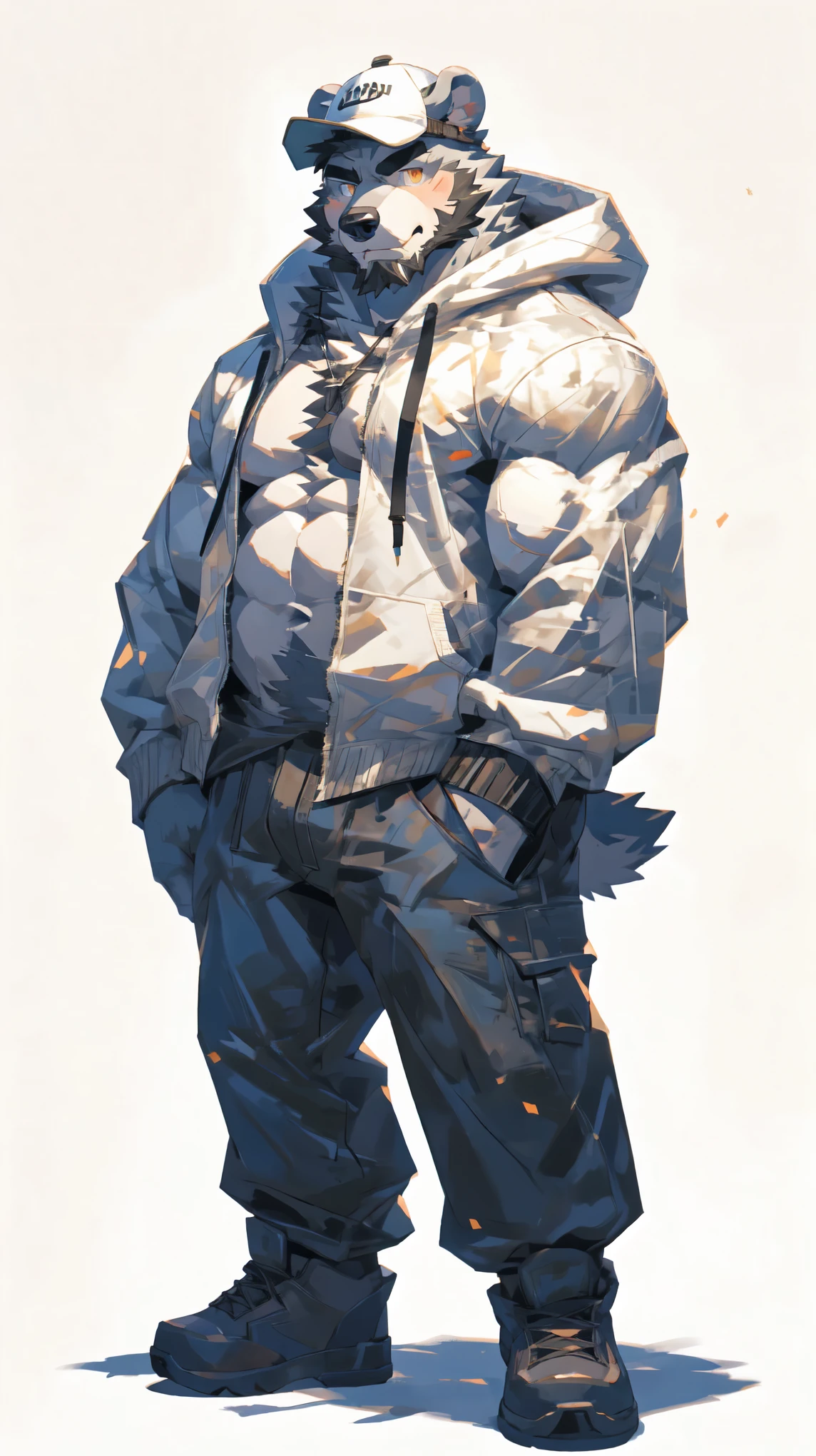 (masterpiece:1.2), best quality,pixiv,official art,perfect anatomy, (Ray tracing, light),solo, (1_male:1.3) , (muscle), (grey fur:1.4), (muscle bear), (beard:1.2), (gleaming golden eyes), bear tail, full body, Thick black eyebrows, baseball cap, (open short hoodie), (naked inside),Ripped short jeans, black short boots, (pure white background: 1.3)