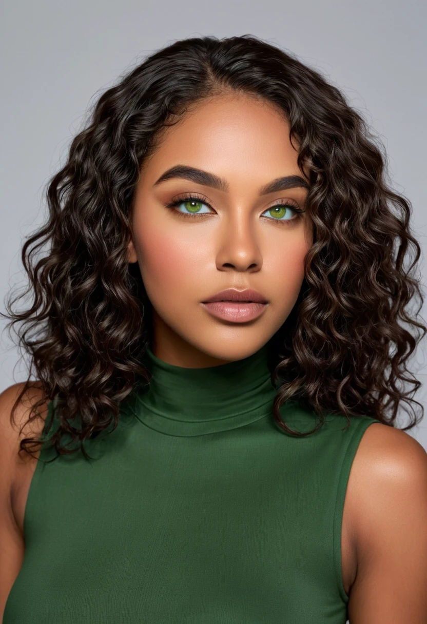 The Photo Plongée angle (from bottom to top) highlights the height of the buildings and creates a feeling of grandeur. The woman was wearing a black top and short black skirt, with white sneakers. Completely Arafed woman, with green eyes, eyes open and head held high. Confident pose, confident pose, beautiful young black woman with dark skin, black Brazilian mixed race, beautiful 30 year old Afro-Latina girl, beautiful African and Latin woman, Brazilian and Angolan descent, black woman, mixing African and indigenous features, a unique blend of indigenous, African and European ebony. The hair is extremely curly, with well-defined and voluminous curls. The natural texture. Her hair is long, falling in voluminous waves around her shoulders and down her back. The hair is left with a lot of volume, creating a full and dense appearance. The hair is black. green eyes, green eyes, expressive green eyes, beautiful green eyes, realistic green eyes, detailed green eyes (eyeliner, long eyelashes). Perfect, thick eyebrows. the nose is small and proportional, the face is beautiful. Attractive and irresistible mouth, well-defined lips, full lips, voluminous lips, seductive lips. The face is oval, with high cheekbones and a well-defined chin, a beautiful and detailed face. Professional, dramatic makeup, a more impactful look with shadows that accentuate the captivating look, striking makeup, with eyeliner, black lipstick. Skin tone: Olive skin, healthy and even glow, with olive skin, dark skin, sexy girl with olive skin, detailed skin texture, beautiful and glowing skin, intricate details, smooth skin, healthy and radiant appearance. The woman has a well-defined and athletic body. Her silhouette is shapely, highlighting her thin waist in contrast to her fuller hips and bust. She has a prominent bust, with large, firm breasts, silicone breasts, voluminous breasts. Thin waist. The hips are wide and well defined, with a pronounced hourglass shape and a large butt. The legs are long an
