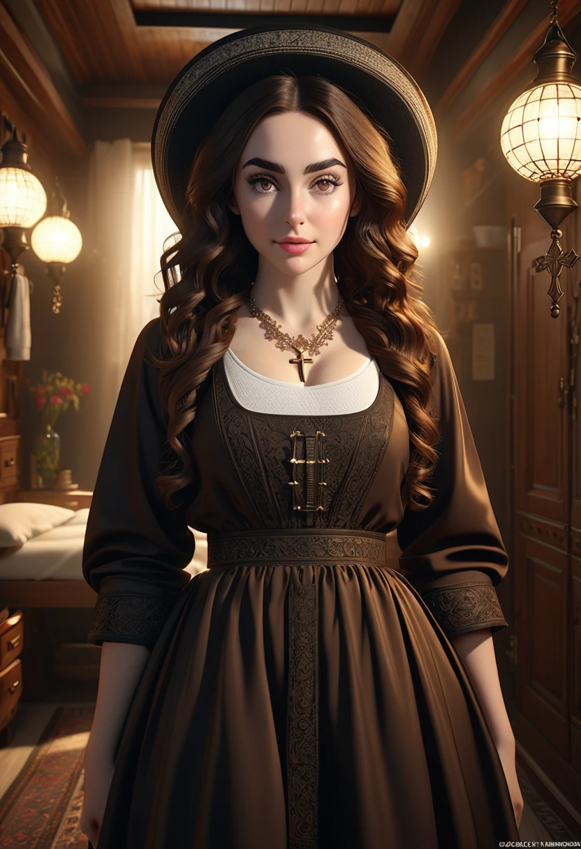 A beautful orthodox jewish women with a thick bushy unibrow and a large bulbous nose. Thick, intense, curly, frizzy, long brown hair. Hair that clogs a drain after one shower. Hair you find on pillows and in corners of the room and in your refrigerator six months after the head from which it grew last visited. Hair that could not be straightened even if you had four hours and three hairdressers double-fisting blow driers. Hair that screams: Jew. Traditional jewish dress, luxurious long dress、hat. curvy hourglass figure. Ultra HD, the symmetrical face, photorealistic photography, path tracing, specular lighting, and volumetric face light enhance the details. Epic lighting, striking silhouette. crucifix necklace. The symmetrical face, photorealistic photography, path tracing, specular lighting, and volumetric face light enhance the details. The scene is captured in maximum quality, masterpiece, 8K high resolution, and top quality. Lilly Collins.

