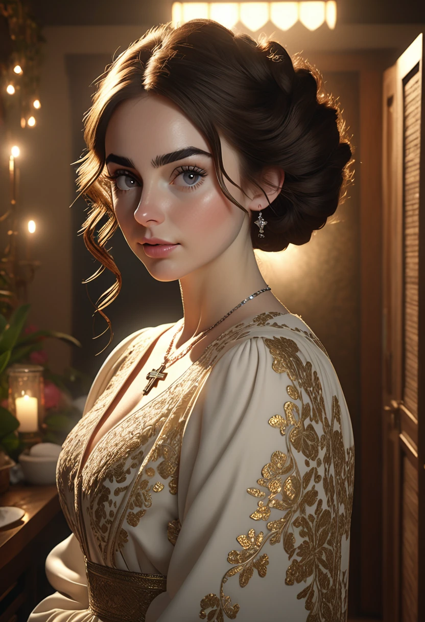 A beautful orthodox jewish women with a thick bushy unibrow and a large bulbous nose. Thick, intense, curly, frizzy, long brown hair. Hair that clogs a drain after one shower. Hair you find on pillows and in corners of the room and in your refrigerator six months after the head from which it grew last visited. Hair that could not be straightened even if you had four hours and three hairdressers double-fisting blow driers. Hair that screams: Jew. Traditional jewish dress, luxurious long dress、hat. curvy hourglass figure. Ultra HD, the symmetrical face, photorealistic photography, path tracing, specular lighting, and volumetric face light enhance the details. Epic lighting, striking silhouette. crucifix necklace. The symmetrical face, photorealistic photography, path tracing, specular lighting, and volumetric face light enhance the details. The scene is captured in maximum quality, masterpiece, 8K high resolution, and top quality. Lilly Collins.