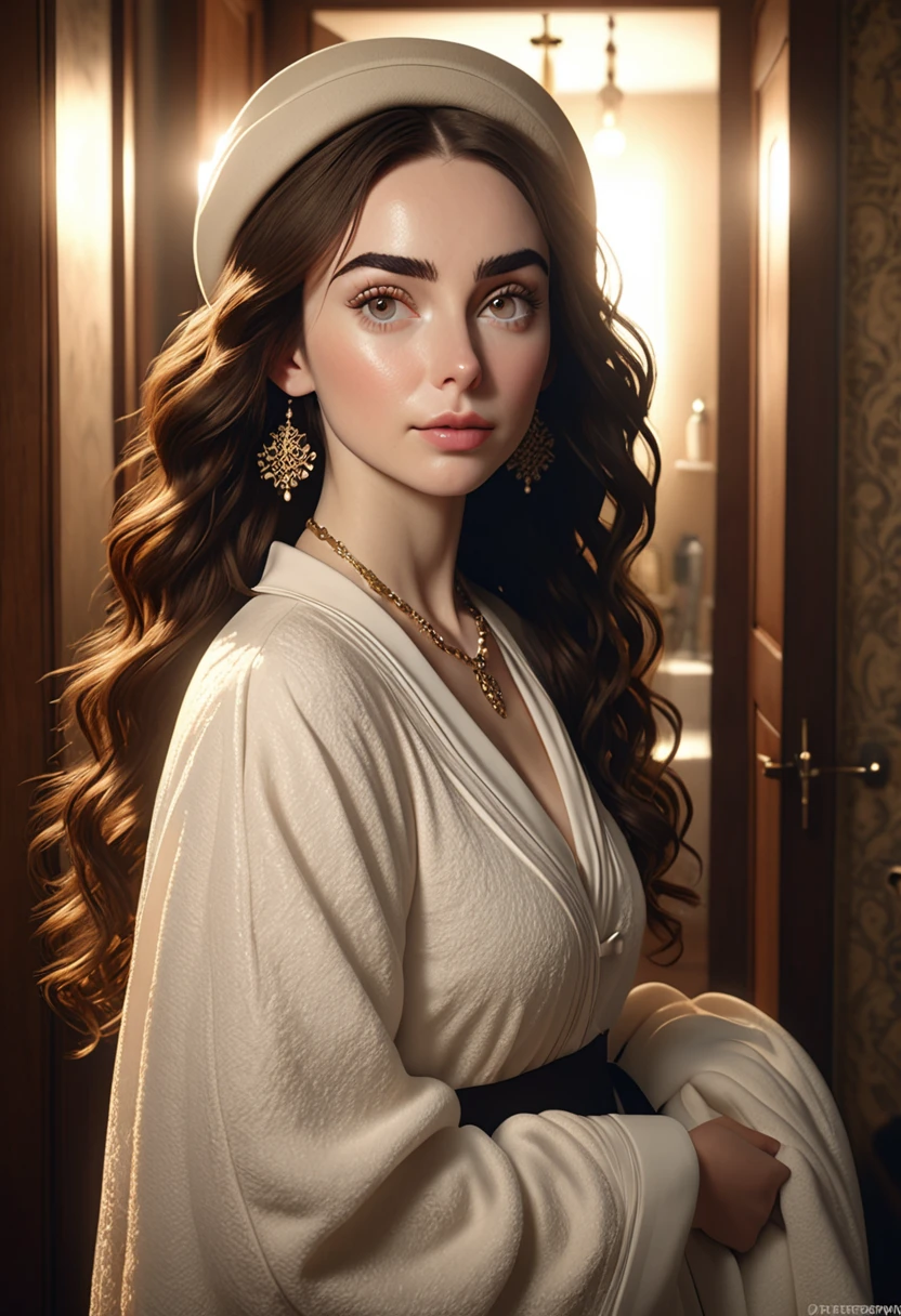 A beautful orthodox jewish women with a thick bushy unibrow and a large bulbous nose. Thick, intense, curly, frizzy, long brown hair. Hair that clogs a drain after one shower. Hair you find on pillows and in corners of the room and in your refrigerator six months after the head from which it grew last visited. Hair that could not be straightened even if you had four hours and three hairdressers double-fisting blow driers. Hair that screams: Jew. Traditional jewish dress, luxurious long dress、hat. curvy hourglass figure. Ultra HD, the symmetrical face, photorealistic photography, path tracing, specular lighting, and volumetric face light enhance the details. Epic lighting, striking silhouette. crucifix necklace. The symmetrical face, photorealistic photography, path tracing, specular lighting, and volumetric face light enhance the details. The scene is captured in maximum quality, masterpiece, 8K high resolution, and top quality. Lilly Collins.

