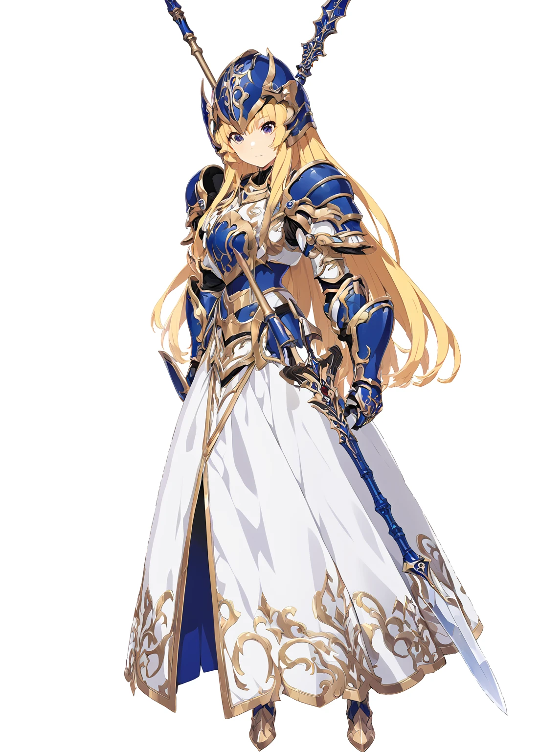high quality, high resolution, high qualityのゲームアートスタイル, whole body,Valkyrie,perfect hand,Official Art, Smooth game CG art, Visual Novel Sprites, White background,Smooth game CG art, (((Woman with a long spear))),Woman wearing a white dress and blue armor, An intricately designed helmet with white feathers,Small shield, (((In his right hand he holds an elaborate long spear))),Exquisite Blue Armor,Golden Hair, long hair, female knight, Rin々Shii,Large Bust,20-year-old,