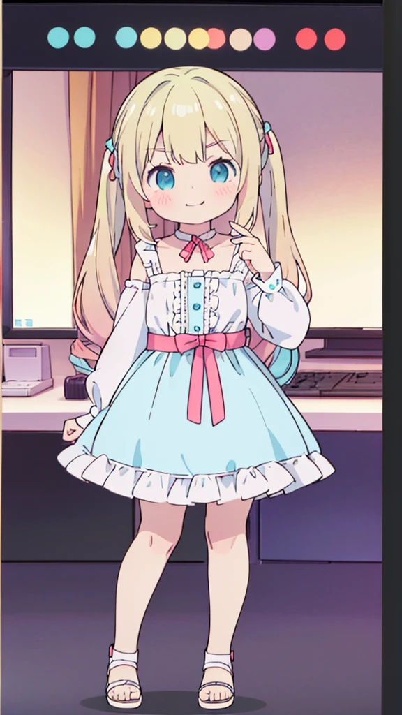 ((masterpiece))((Highest quality))girl、Smirk、blush、Flat Chest、Are thin、Blonde Hair、blush、Are standing、Whole body image、Eye level to the feet、front、No background、真frontのアングル、Blue clothes、Hair is two colors、Twin tails、Red Alice outfit