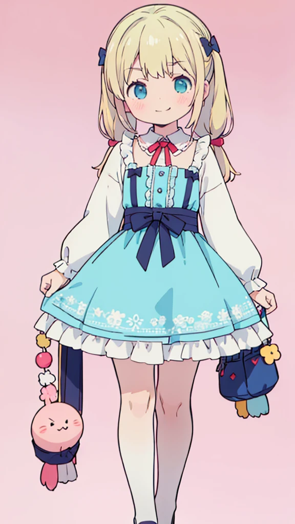 ((masterpiece))((Highest quality))girl、Smirk、blush、Flat Chest、Are thin、Blonde Hair、blush、Are standing、Whole body image、Eye level to the feet、front、No background、真frontのアングル、Blue clothes、Hair is two colors、Twin tails、Red Alice outfit