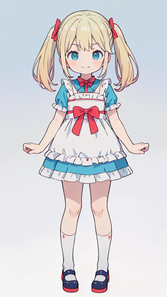((masterpiece))((Highest quality))girl、Smirk、blush、Flat Chest、Are thin、Blonde Hair、blush、Are standing、Whole body image、Eye level to the feet、front、No background、真frontのアングル、Blue clothes、Hair is two colors、Twin tails、Red Alice outfit