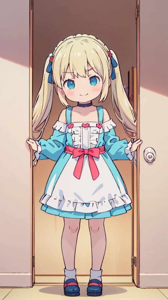 ((masterpiece))((Highest quality))girl、Smirk、blush、Flat Chest、Are thin、Blonde Hair、blush、Are standing、Whole body image、Eye level to the feet、front、No background、真frontのアングル、Blue clothes、Hair is two colors、Twin tails、Red Alice outfit