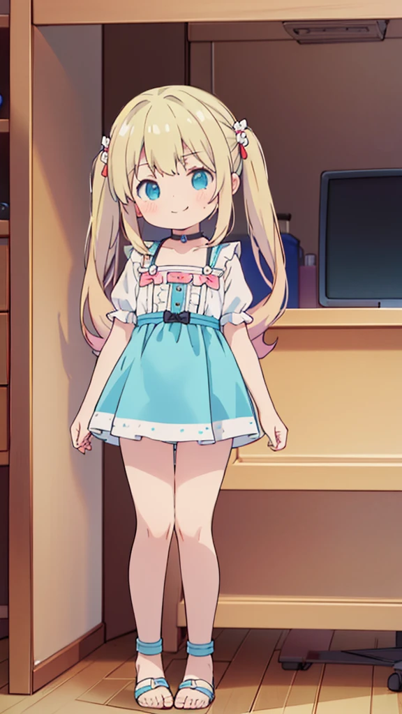 ((masterpiece))((Highest quality))girl、Smirk、blush、Flat Chest、Are thin、Blonde Hair、blush、Are standing、Whole body image、Eye level to the feet、front、No background、真frontのアングル、Blue clothes、Hair is two colors、Twin tails、Red Alice outfit