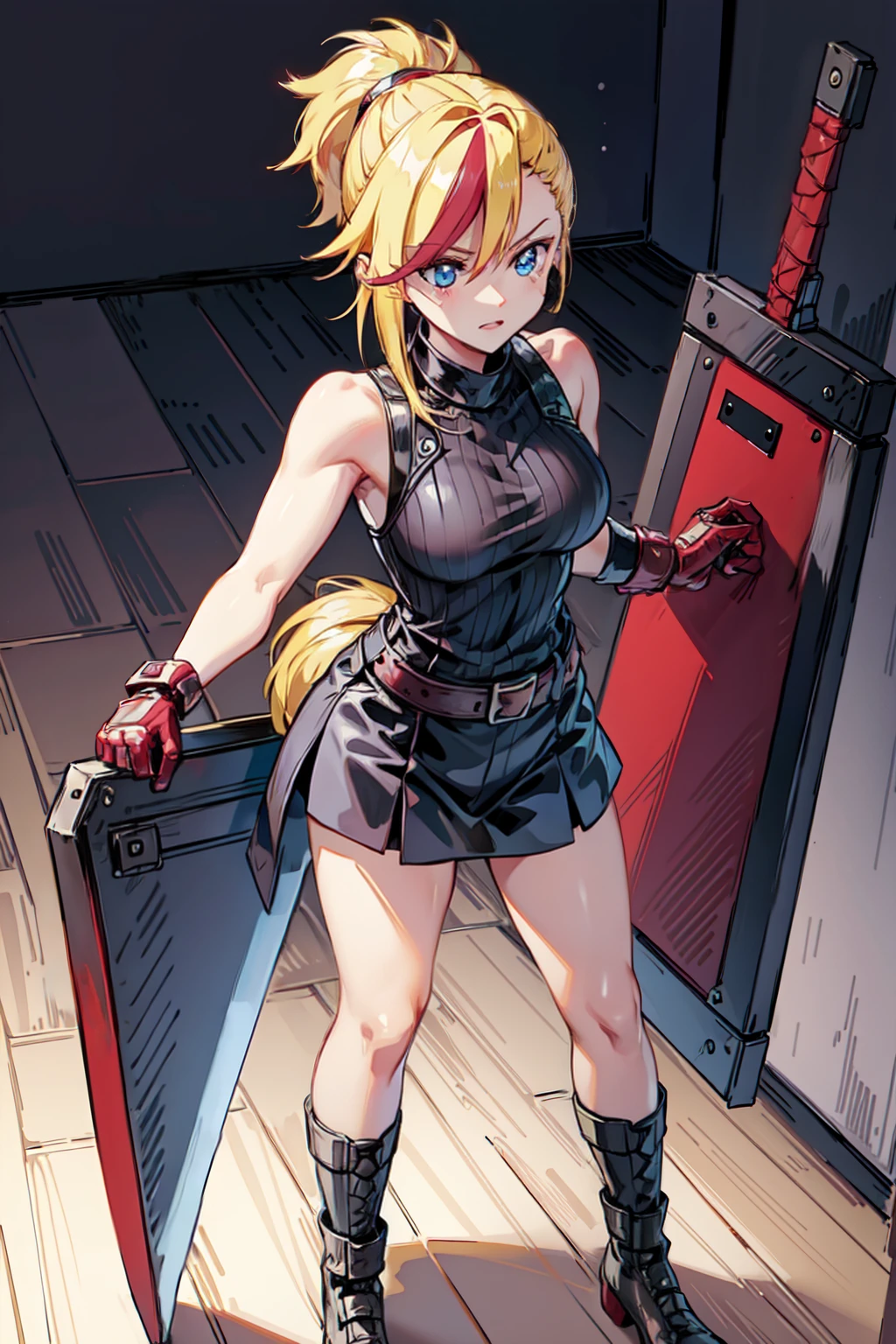 ((Full body photo, standing, on the floor)) (masterpiece, best quality:1.2), red glowing eyes, red eyes, the eyes are red, perfect face, highres, 1 girl, solo, ultra long ponytail, (female:1.5), strife, blonde hair, shoulder armor, sleeveless turtleneck, suspenders, belt, gloves, bracer, evil smile, standing, portrait, looking at viewer, giant sword on the back, long leather boots, fullbody shot