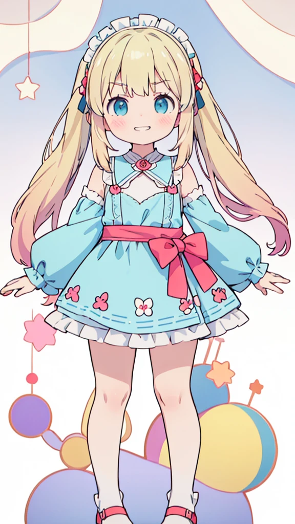((masterpiece))((Highest quality))girl、Smirk、blush、Flat Chest、Are thin、Blonde Hair、blush、Are standing、Whole body image、Eye level to the feet、front、No background、真frontのアングル、Blue clothes、Hair is two colors、Twin tails、Red Alice outfit