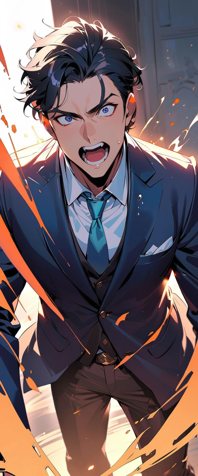 A handsome , surprised, with his mouth wide open, black short hair, wearing a suit, with attention to detail, accurate, with textured skin