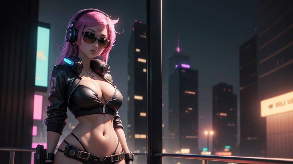 at night, city, vaporwave style 4k high definition. (((1girl, solo, alone))), large-breast:1.2 slim body, cleavage:1.1, sexy miniskirt, (((headphone, black sunglasses, standing and holding pistol pose))), (((half-body thigh level medium shot))), cinematic lighting, lens flare, ray tracing.