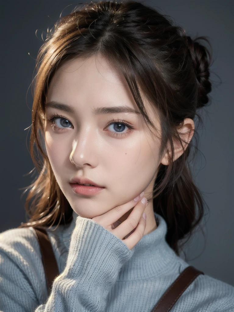 1girl, slim face, sharp blue eyes, brunette, hair in bun, thin:1.3,  body, wearing light knit sweater, high dark colored short skirt, hands on lap, looking at viewer, (eye level shot, cowboy shot),
BREAK
(best quality:1.3, masterpiece:1.3), (realistic, photo realistic:1.2), highres, UHD, 8k, (realistic skin, Detailed shiny skin), (normal expression, perfect anatomy),