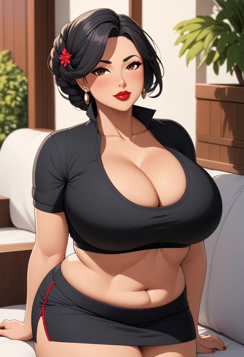 Masterpiece, hi res, absurdres, Best Quality, 4K, detailed, HD , anime, solo, mature female, age 40, milf,mother, chubby, bbw, curvy, short, thick, Big ass,crop top, short skirt, black hair, braided hair,curvy, cleavage, saggy breasts, prominent lips, red lipstick,thick, blushing, olive skin, tanned skin