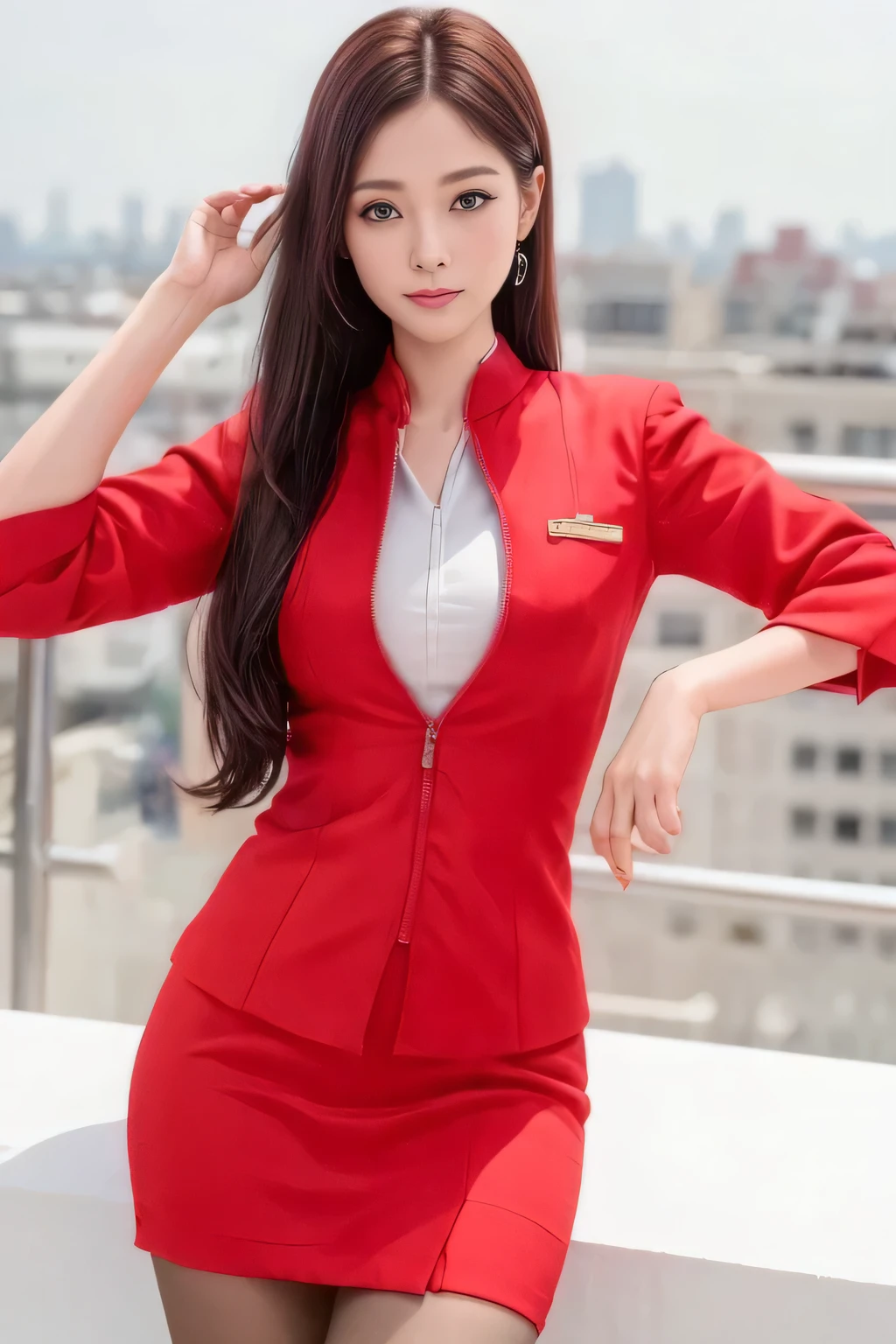 (masterpiece:1.2, Highest quality:1.2), 32k HDR, High resolution, (alone, 1 Girl), (AirAsia stewardess uniform realistic style), A proper woman, Beautiful Face, Brown Hair, (Long hair down to the legs), (Red jacket:1.1, Unzipped jacket, Unbuttoned white shirt:1.05, Red mini skirt:1.1, pantyhose),(Showing big through cleavage in unbuttoned white shirt)、(long hair that reaches down to the legs)、Perfect slim body:1.1, Huge breasts, huge breasts cleavage, Detailed skin texture, Beautiful Eyes, (Attractive look:1.2), necklace、Earrings、(forward leaning posture:1.5), On the roof of a building, Rooftop at daytime,blue eyes、Hands should be lowered