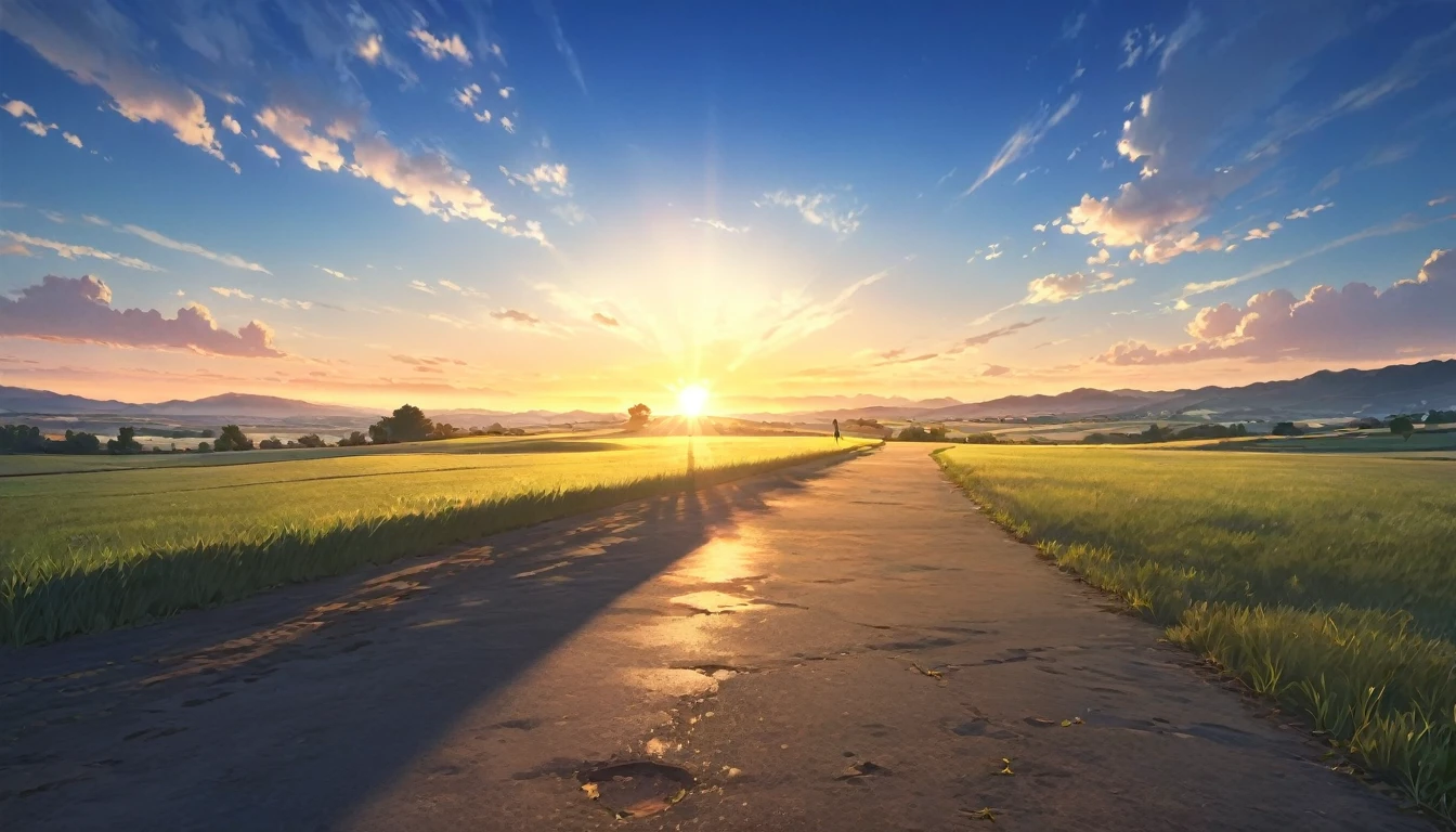 A detailed anime-style landscape, a tranquil countryside scene with the sun setting over the horizon, a mysterious human-shaped shadow cast on the ground, no people visible, dramatic lighting and colors, highly detailed, vibrant, masterpiece, 8k, photorealistic