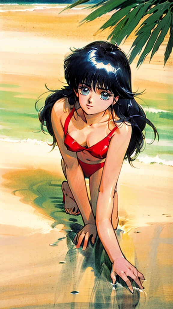 (masterpiece), high quality, high resolution, super detailed, realistic, illustration, (Madoka Ayukawa \(Kimagure Orange Road\):1), (Akemi Takada Style:1), beach, red bikini swimsuit, shiny skin, fair skin, sun visor, long black hair, reaching out, leaning forward, summer sunlight,