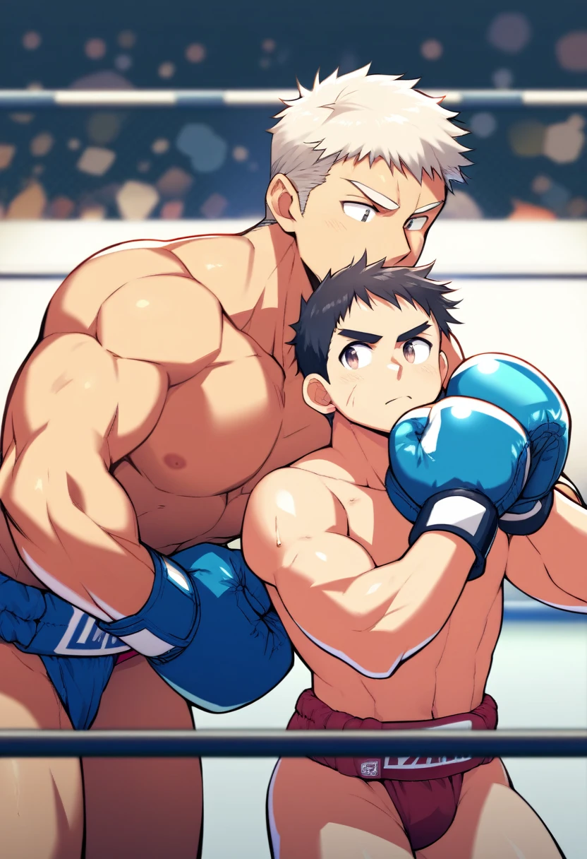 2boys, 15 years old cute short height shota boy and 34 years old handsome large height boxer man,illustration,bishounen,man is boy's father,boy's eye is simple small solid circle eyes,simple line and simple color,shorthair,lean muscler,wearning sumo fundoshi and sumo belt and boxing gloves,sumo battle,short hair, simple color, sumo ring,sumo arena, japan anime style, blue and purple and light green and white,man's body is big damage injury,boxing's clinch,man is hug to boy,height diffrence,man is painful,boy is worry to man,eyecontact,masterpiece, best quality, very aesthetic, absurdres