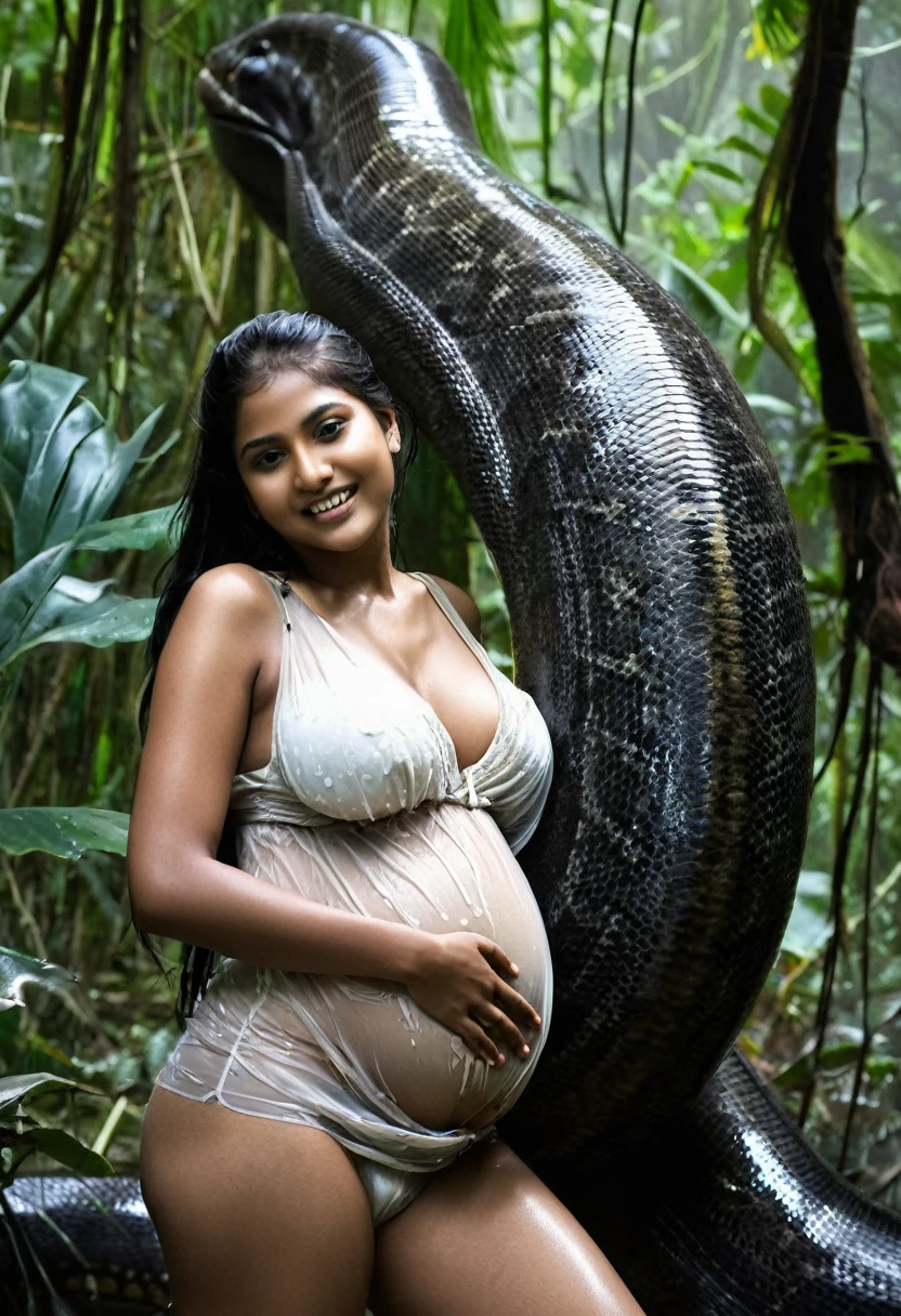 Pregnant Top quality, masterpiece, super high resolution, real photo, raw photo, cute, beautiful Indian  girl, happy expression, joy, glossy skin, dramatic lighting, full body, full body wet, dirty white tank top, sheer with thin fabric, white shirt dirty with mud, beautiful breasts, beautiful ass, butt sticking out, creepy, in the dark jungle, waterside, black large titanboa , slim, long limbs, slimy, slim Sleeping on large titanboa a large giant black titanboa wrapped around her neck, a large titanboa wrapped around her body, a titanboa’s head from between her crotches, a titanboa  and a titan’s intertwining their tongues and kissing, a girl hugging giant titanbo a girl and a large titanboa staring at each other Many large anacondas horny aroused  tentacle sex large object penetration nsfw snake tongue kissing blowjob bestiality