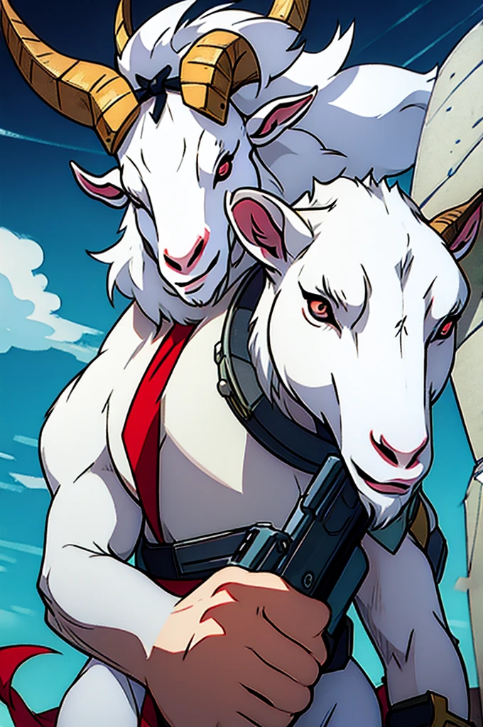 Evil white goat with a gun