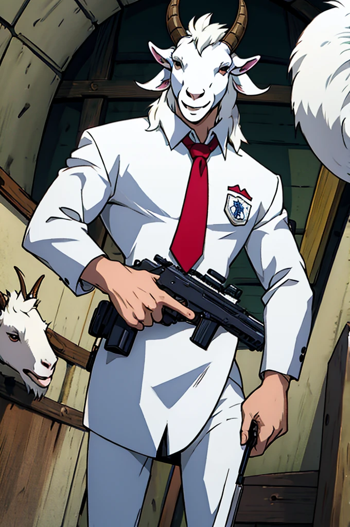 Evil white goat with a gun