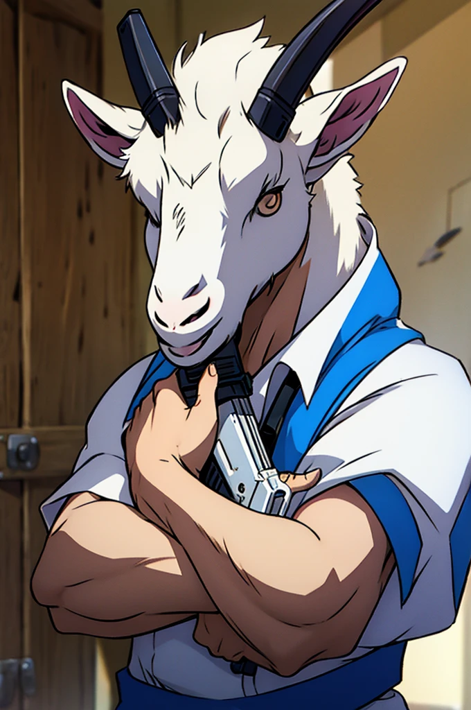 Evil white goat with a gun