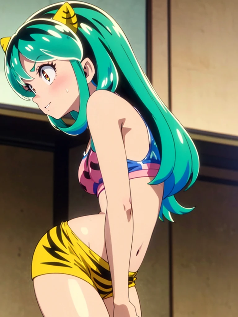 masterpiece, Highest quality, 1 Girl, Lum, Tank top, hot pants, Sweating, Wiping away sweat,anime, From before, blush, Embarrassing, Taking a break, Mature, 18-year-old, Smile, Tokyo, High definition, Green Hair, See-through