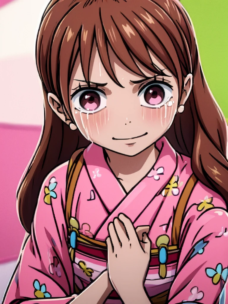 6 year old with brown hair, crying, pink kimono and pink eyes