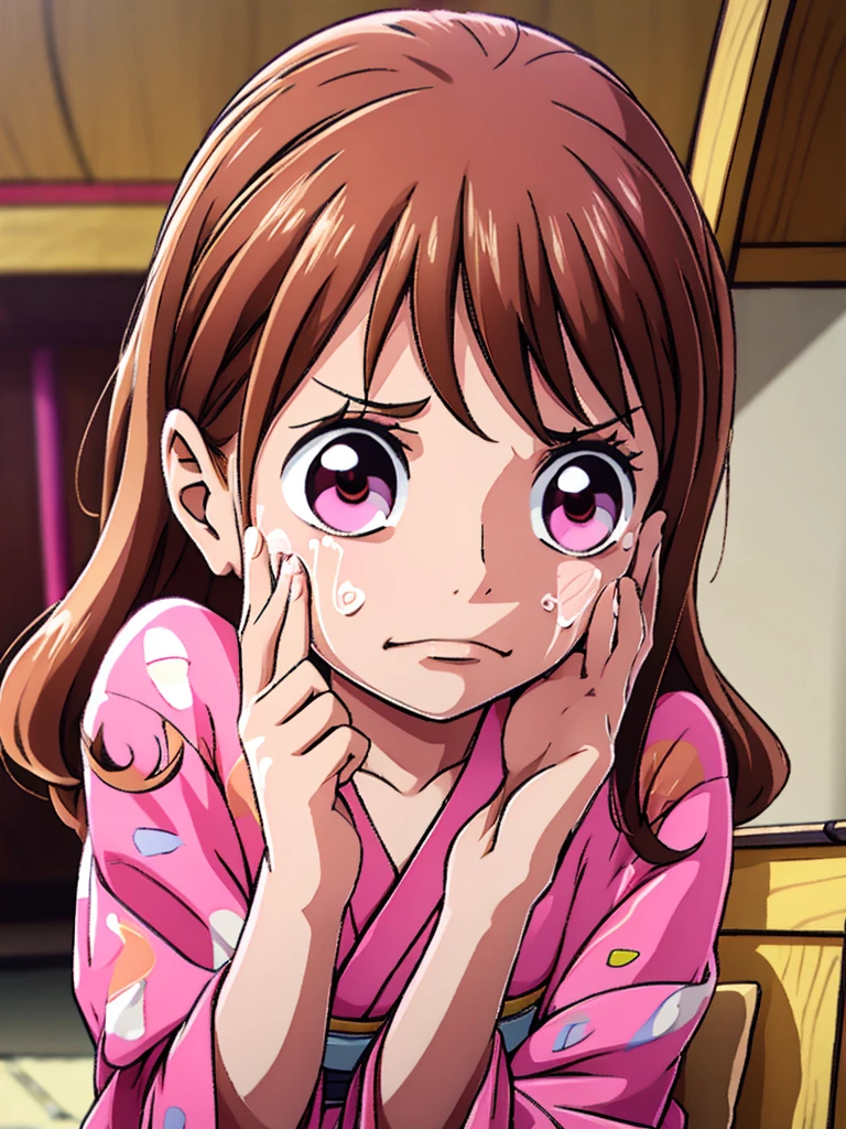 6 year old with brown hair, crying, pink kimono and pink eyes