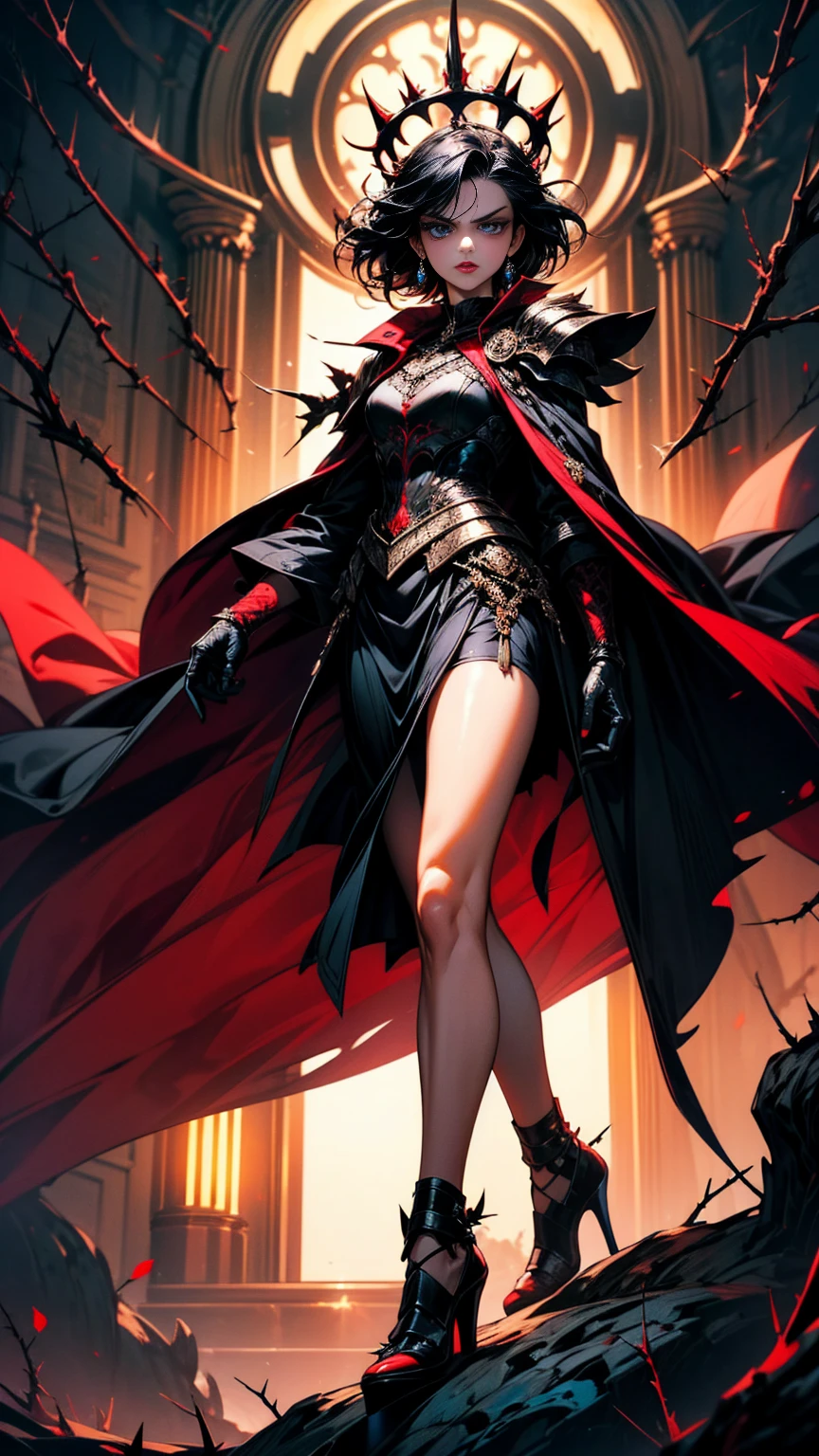 "Masterpiece, high quality, super detailed, wallpaper, woman, black armor with black and red details, viewed from below, looking at the viewer, fit body, heels with black thorns, black and red short thorn crown, very short black hair, blue eyes, red lips, black eye makeup, black cape with black embroidery, angry look, stunning, in various poses, open hands, armored gloves."