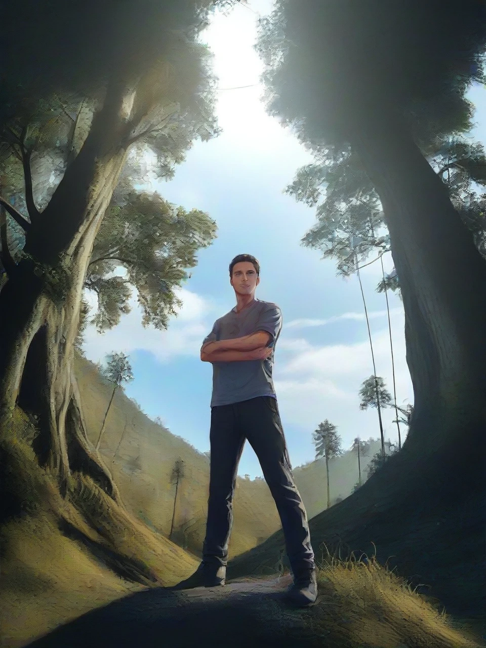 A stunning 4K photograph capturing a young Indonesian man dressed casually, standing on a hill amidst a serene forest. The man is poised confidently with his arms folded, as the verdant landscape unfolds around him. Towering trees frame the scene, and the low-angle shot emphasizes the grandeur of the location. Sunlight filters through the canopy, casting dappled light on the subject, and the rule of thirds composition adds balance to the image. Professionally color-graded, the photograph evokes a sense of calm and tranquility, with the golden light peeking through the trees.