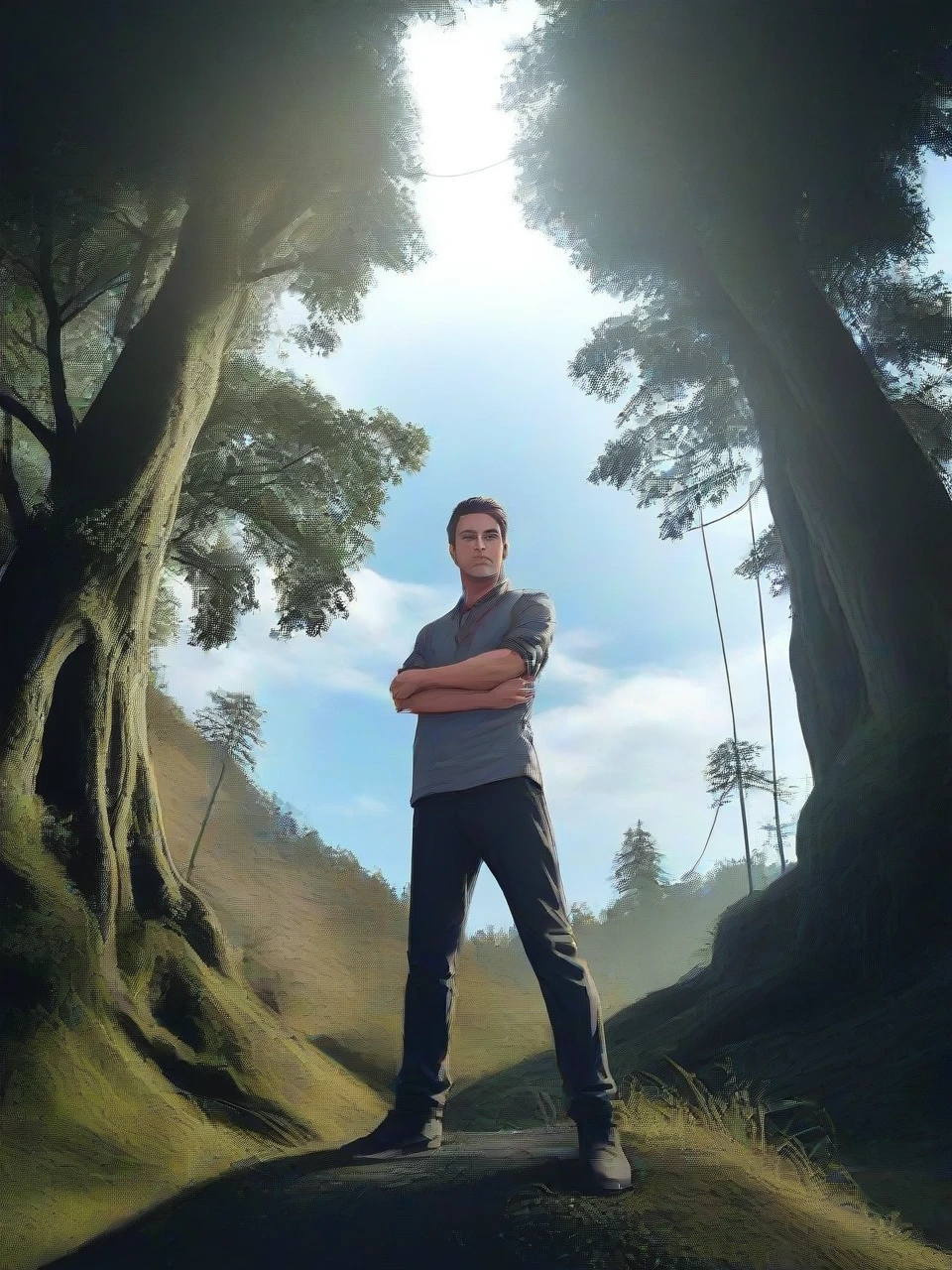 A stunning 4K photograph capturing a young Indonesian man dressed casually, standing on a hill amidst a serene forest. The man is poised confidently with his arms folded, as the verdant landscape unfolds around him. Towering trees frame the scene, and the low-angle shot emphasizes the grandeur of the location. Sunlight filters through the canopy, casting dappled light on the subject, and the rule of thirds composition adds balance to the image. Professionally color-graded, the photograph evokes a sense of calm and tranquility, with the golden light peeking through the trees.