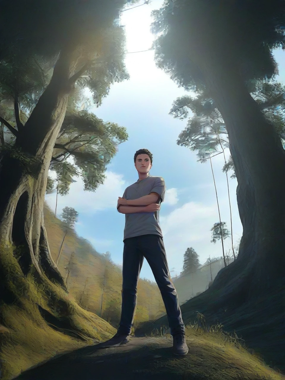 A stunning 4K photograph capturing a young Indonesian man dressed casually, standing on a hill amidst a serene forest. The man is poised confidently with his arms folded, as the verdant landscape unfolds around him. Towering trees frame the scene, and the low-angle shot emphasizes the grandeur of the location. Sunlight filters through the canopy, casting dappled light on the subject, and the rule of thirds composition adds balance to the image. Professionally color-graded, the photograph evokes a sense of calm and tranquility, with the golden light peeking through the trees.
