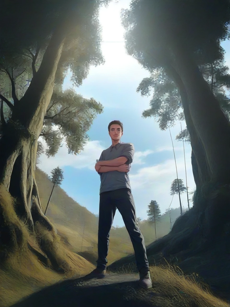 A stunning 4K photograph capturing a young Indonesian man dressed casually, standing on a hill amidst a serene forest. The man is poised confidently with his arms folded, as the verdant landscape unfolds around him. Towering trees frame the scene, and the low-angle shot emphasizes the grandeur of the location. Sunlight filters through the canopy, casting dappled light on the subject, and the rule of thirds composition adds balance to the image. Professionally color-graded, the photograph evokes a sense of calm and tranquility, with the golden light peeking through the trees.