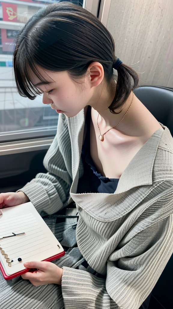 Highest quality, Ultra-high resolution, Highly detailed skin, Physically Based Rendering,Down blouse, Looking down,(A 14-year-old Japanese girl is sitting in a seat and writing in a notepad, Decorative fine bra, Overlap shirt, Small breasts, Sensual, From side to top),(Beautiful background:1.2), in the train, short hair, necklace