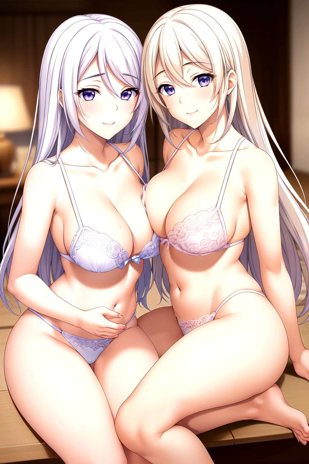 girls, mother(blue eyes, Blonde Hair) and daughter(violet eyes, White Hair), mother (Watase Otoha, blue eyes, Blonde Hair), daughter(Watase Nagisa, violet eyes, White Hair),Light滑的皮肤, Good, lace, underwear,Full body pictures, 25 years old,Young women,beautiful Finger,beautiful long legs,beautiful body,beautiful Nose,beautiful character design, perfect Eye, perfect Face,expressive Eye,Perfect balance, Looking at the audience,(Focus on her Face),housing, (Innocent_Big goals_Eye:1.0),Light_Smile, Official Art,Very detailed CG unity 8k wallpaper, Perfect lighting,rich and colorful, bright_front_Face_Lighting,Light skin, (masterpiece:1.0),(the best_quality:1.0), Ultra-high resolution,4K,Very detailed, photography, 8K, Human Development Report, high resolution, absurd:1.2, Kodak Portrait 400, Film Grain, Blurred background, Bokeh:1.2, Lens Light Halo, (Energetic_color:1.2),专业photography师, (beautiful,Chest:1.3 (beautiful_Face:1.5),(narrow_waist),Smile, Happy，Slim,2 girls, mother and daughter, Good, underwear, 2 girls, mother(blue eyes, Blonde Hair) and daughter(violet eyes, White Hair)