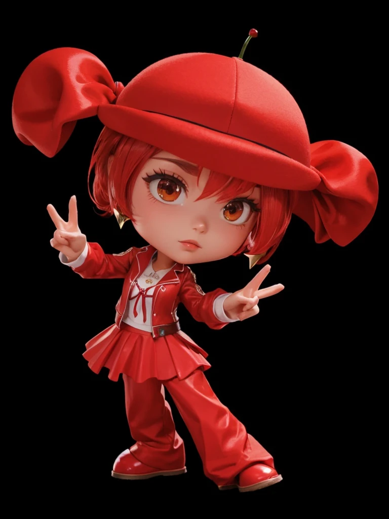 A , De pele clara, with red jacket, with red skirt, with red pants, with tied red hair, with cherry shaped hat on head 