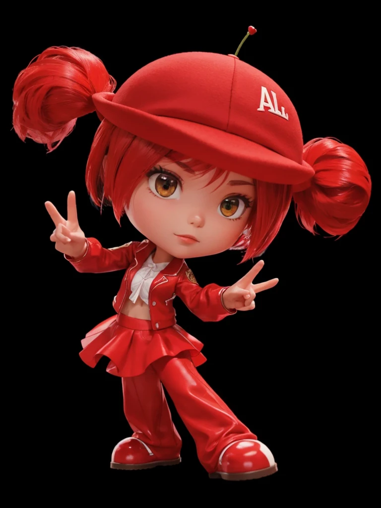 A , De pele clara, with red jacket, with red skirt, with red pants, with tied red hair, with cherry shaped hat on head