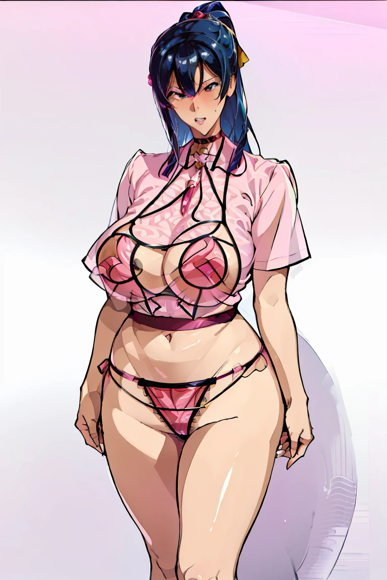 1girl, bare legs, (nurse, micro bikini, ((transparent shirt ,pink micro bikini) puff out the chest)), gal, gyaru, asian adult model, sexy, curvy, huge breasts, narrow waist, choker, wide hips, thick thighs, looking at viewer, cowboy shot, hentai, dynamic pose, smile, sexy and cute, wide shot, natural lips, background bar, black hair (masterpiece, best quality, hires, high resolution:1.2), (extremely detailed, ((micro skirt)), intricate details, highres)