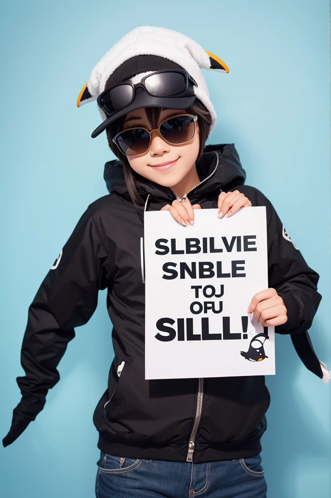 Cute little penguin holding a sign saying subscribe to the channel with sunglasses