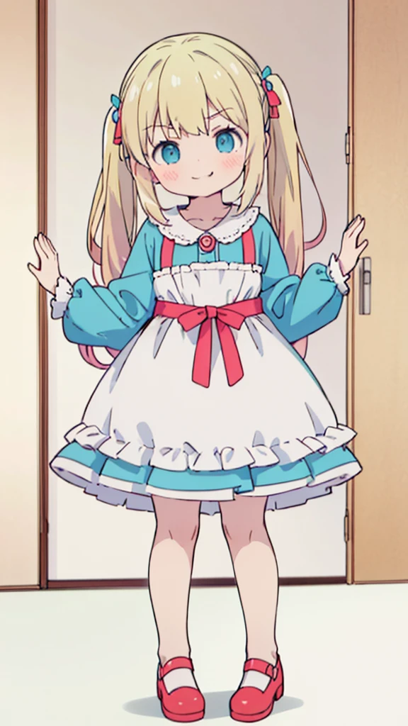 ((masterpiece))((Highest quality))girl、Smirk、blush、Flat Chest、Are thin、Blonde Hair、blush、Are standing、Whole body image、Eye level to the feet、front、No background、真frontのアングル、Blue clothes、Hair is two colors、Twin tails、Red Alice outfit