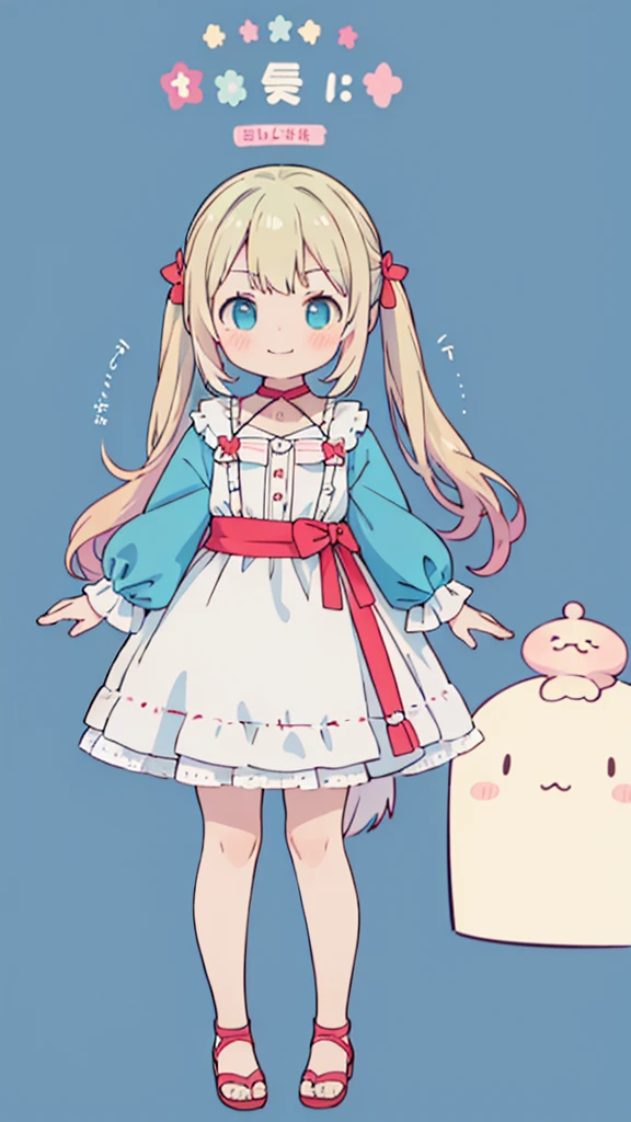 ((masterpiece))((Highest quality))girl、Smirk、blush、Flat Chest、Are thin、Blonde Hair、blush、Are standing、Whole body image、Eye level to the feet、front、No background、真frontのアングル、Blue clothes、Hair is two colors、Twin tails、Red Alice outfit