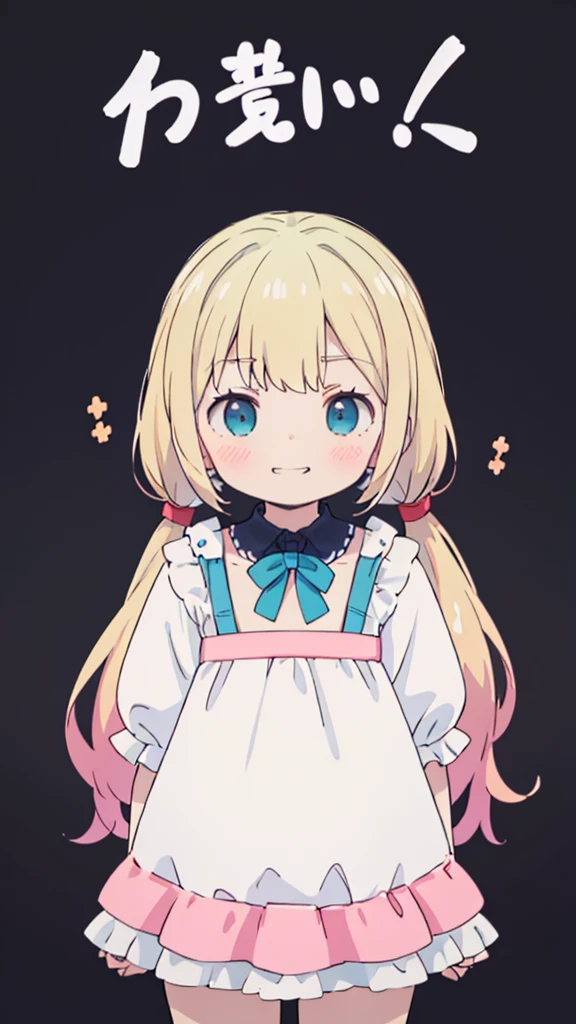((masterpiece))((Highest quality))girl、Smirk、blush、Flat Chest、Are thin、Blonde Hair、blush、Are standing、Whole body image、Eye level to the feet、front、No background、真frontのアングル、Blue clothes、Hair is two colors、Twin tails、Red Alice outfit