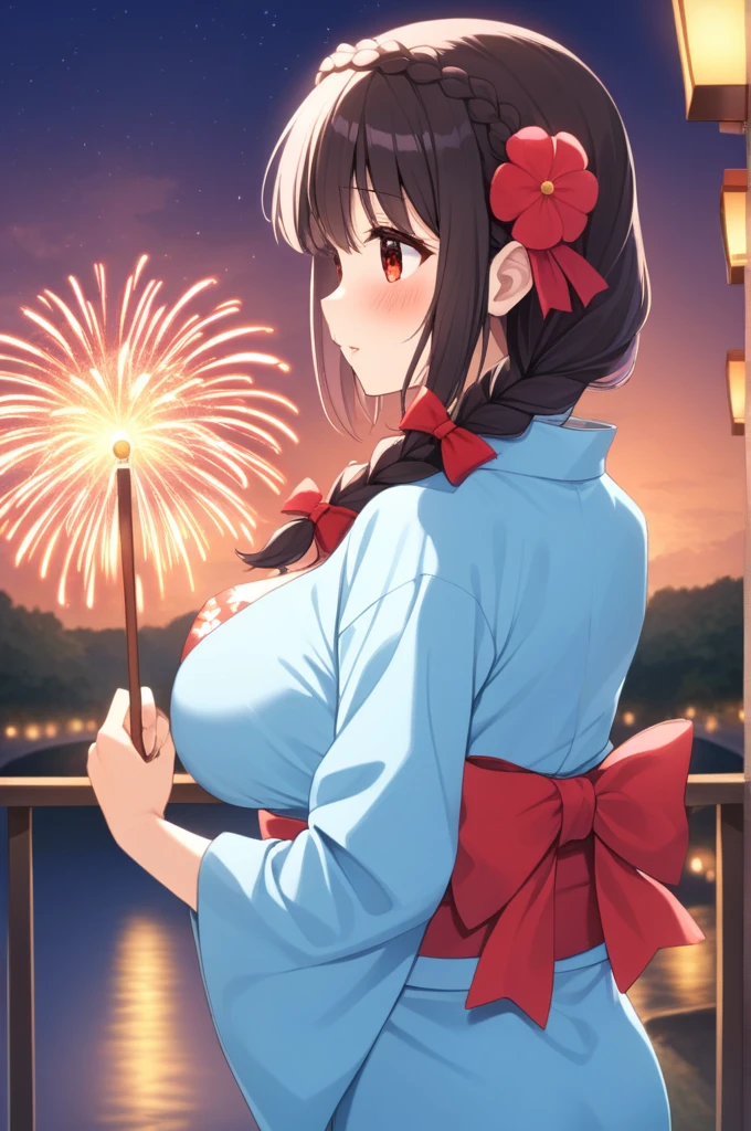 alone, One girl、Crown braids in the same color as your hair, hair ornaments, Hair Ribbon,(A light blue kimono with a red floral pattern and a red obi.)、Red Eyes、Black Hair、(blush:1.5)、Larger breasts、(Holding a fan in hand)、The background is a night river and fireworks、Side view