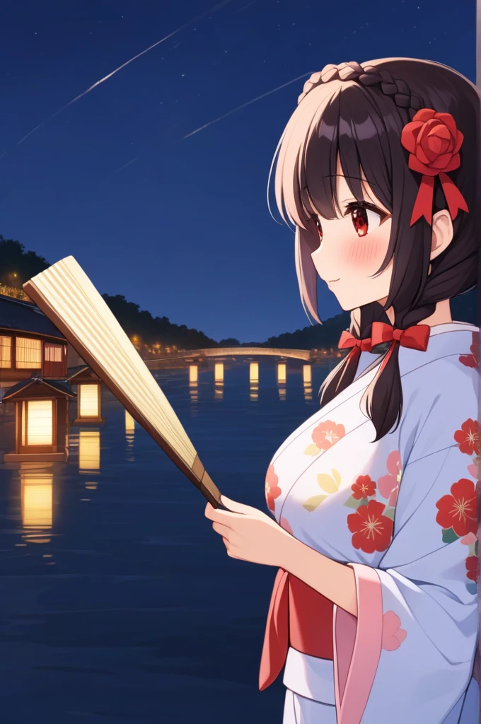 alone, One girl、Crown braids in the same color as your hair, hair ornaments, Hair Ribbon,(A light blue kimono with a red floral pattern and a red obi.)、Red Eyes、Black Hair、(blush:1.5)、Larger breasts、(Holding a fan in hand)、The background is a night river and fireworks、Side view