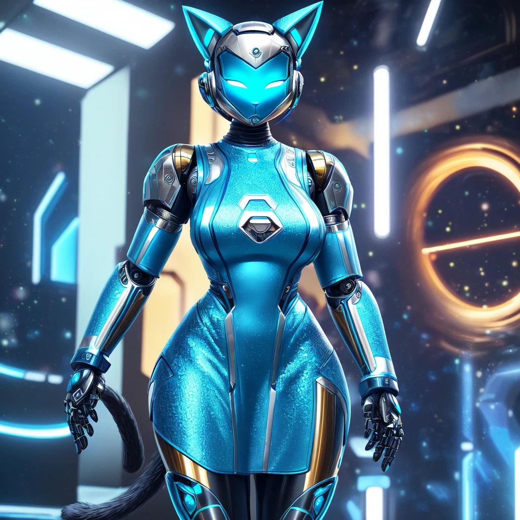 ((Beautifully detailed Ultra detailed robo cat costume woman with shiny blue knee length bodycon dress, she is wearing a beautiful detailed robotic helmet with cat ears)), ((ultra-detailed to the smallest detail, ultra realistic 8k graphics, Best quality))
