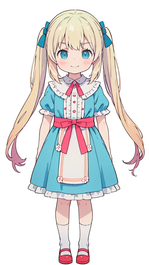 ((masterpiece))((Highest quality))girl、Smirk、blush、Flat Chest、Are thin、Blonde Hair、blush、Are standing、Whole body image、Eye level to the feet、front、No background、真frontのアングル、Blue clothes、Hair is two colors、Twin tails、Red Alice outfit
