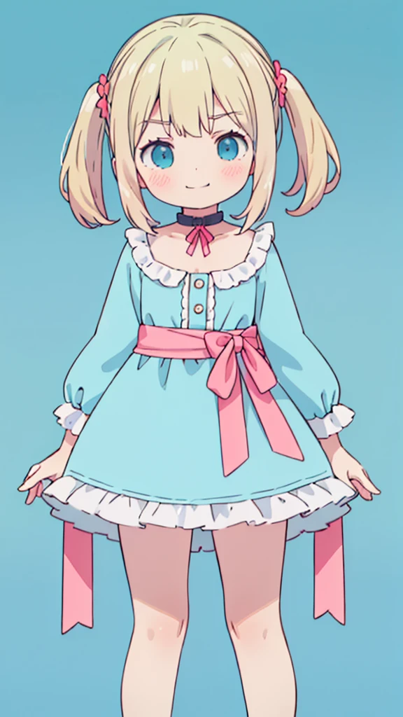 ((masterpiece))((Highest quality))girl、Smirk、blush、Flat Chest、Are thin、Blonde Hair、blush、Are standing、Whole body image、Eye level to the feet、front、No background、真frontのアングル、Blue clothes、Hair is two colors、Twin tails、Red Alice outfit