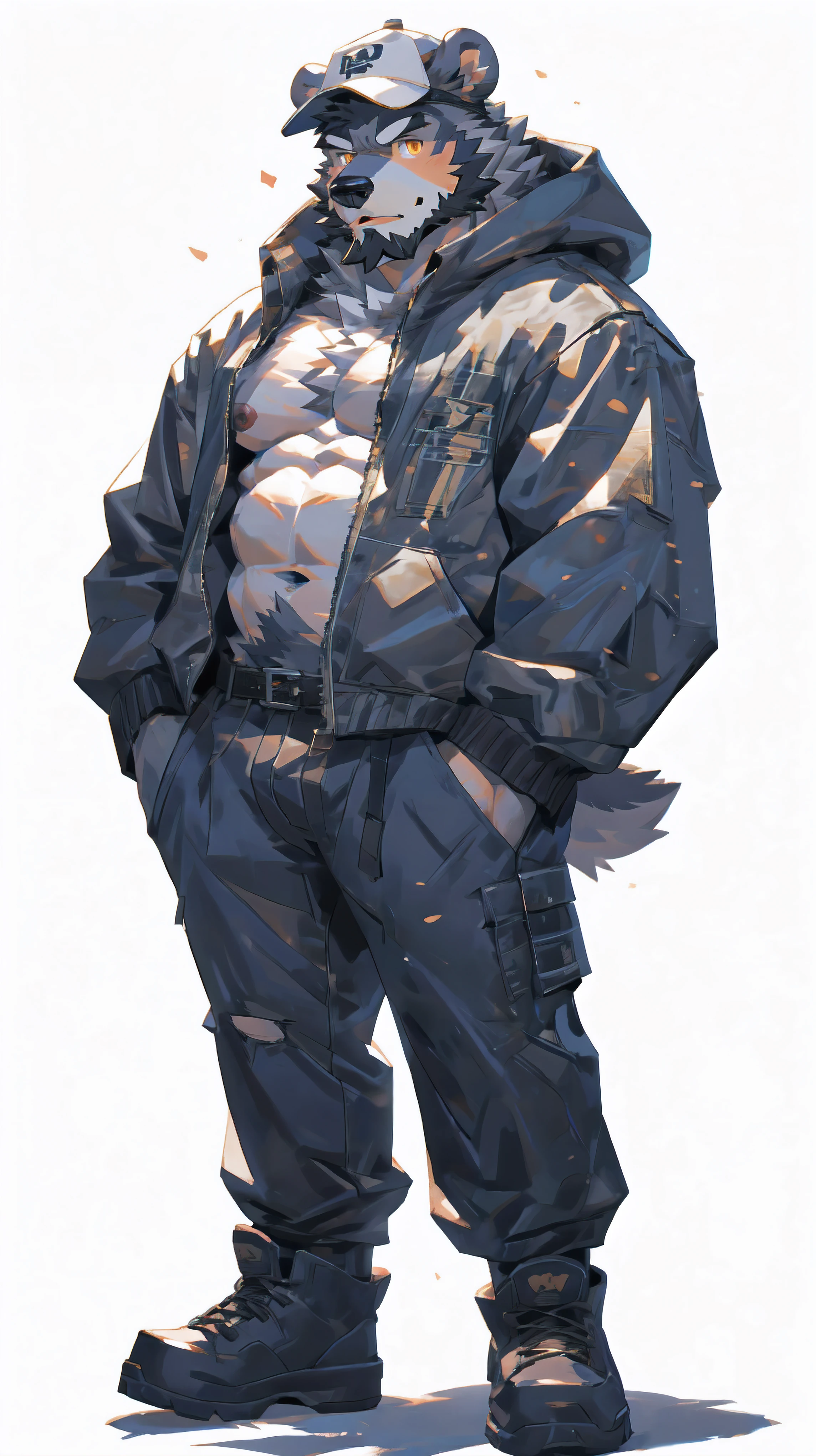 (masterpiece:1.2), best quality,pixiv,official art,perfect anatomy, (Ray tracing, light),solo, (1_male:1.3) , (muscle), (grey fur:1.4), (muscle bear), (beard:1.2), (gleaming golden eyes), bear tail, full body, Thick black eyebrows, baseball cap, (open short hoodie), (naked inside),Ripped short jeans, black short boots, (pure white background: 1.3)