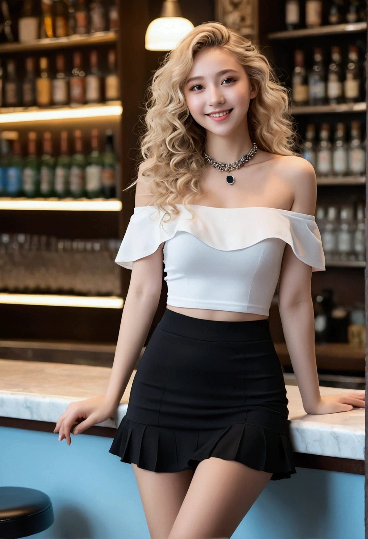A super exquisite real beautiful girl, Long curly blonde hair, Extremely delicate facial features, Peerless beautiful girl, Collarbone off-the-shoulder, White crop top shirt, Black JK skirt, Bare legs, sweet smile, soft, dream quality, light white and dark brown, exaggerated facial features, Solid color, frank off white, Surrealism, blue gemstone necklace, Ultra-clear, Beautiful young girl, Cute and lively, ultra short leggings, Background of the bar